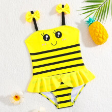 (Bright Yellow, 1-2Y) Baby's Cute Bee Pattern One-piece Swimsuit, Bowknot Decor Ruffled Bathing Suit, Toddler Girl's Swimwear For Summer Beach Holiday