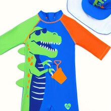 (Blue A, 4-5Y) 1-piece Boys Dinosaur Print Swimsuit with Long Sleeves, Zipper, and Hat - Perfect for Water Sports and Swimming