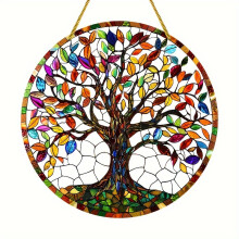 (A) Tree of Life Sun Catcher, Colorful Glass-Look Yard Sign, Round Wreath Sign, All-Season Exquisite Gift