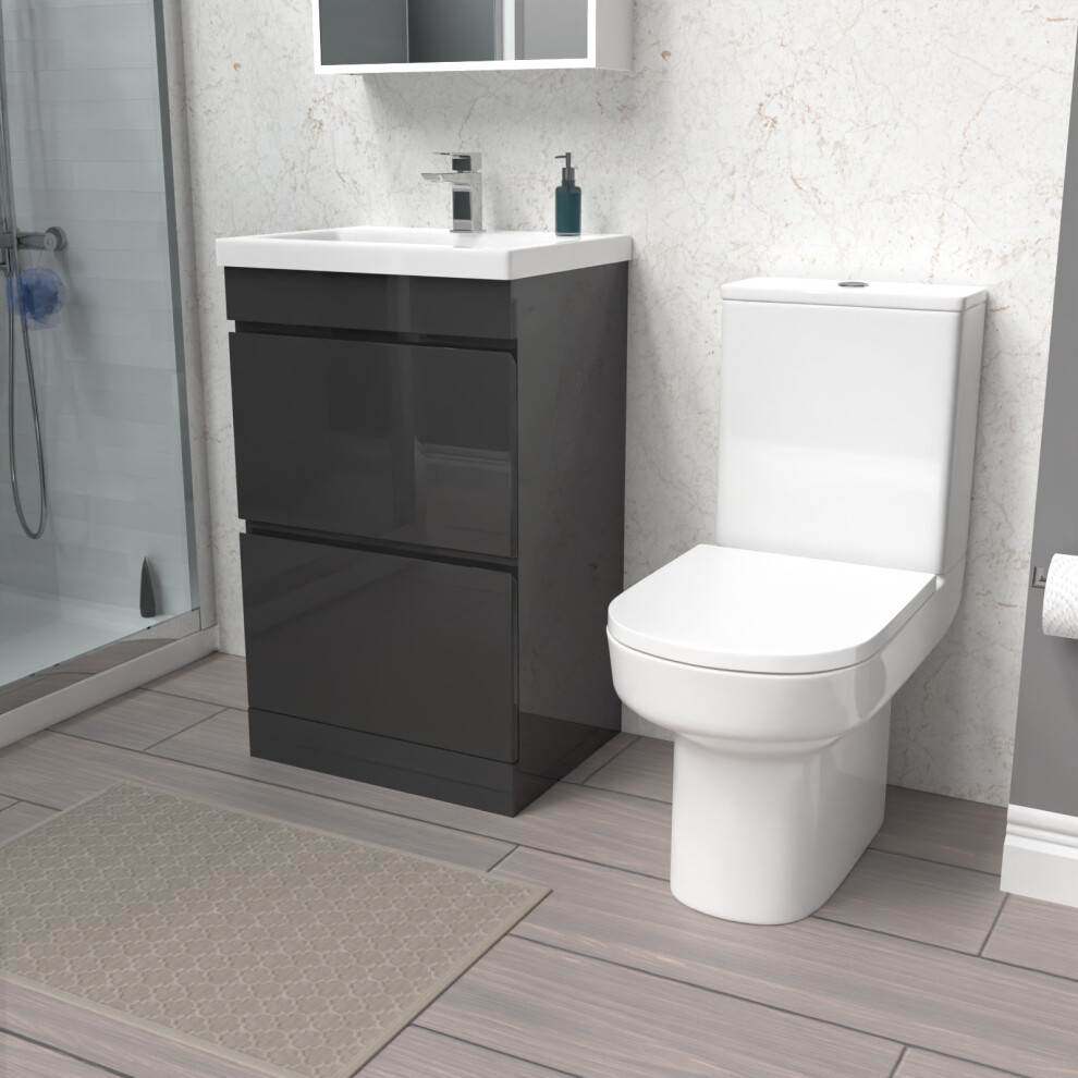 Nes Home 500mm Anthracite 2 Drawers Basin Vanity  & Rimless Close Couple Toilet