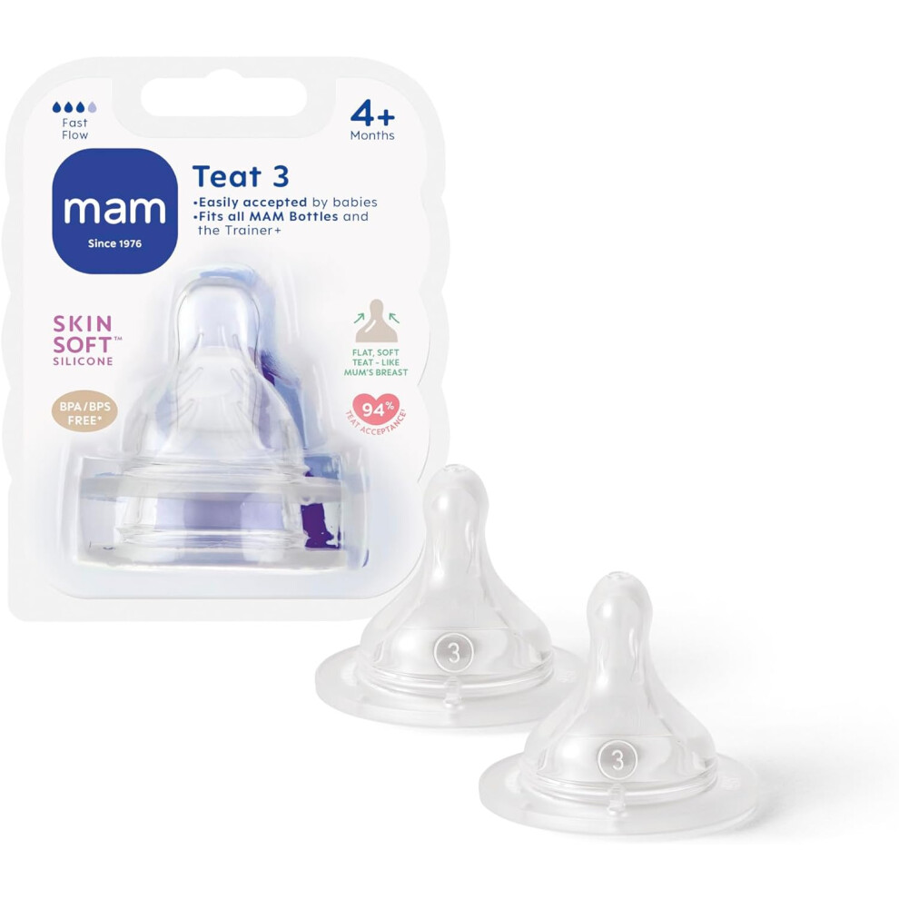 MAM Teats Size 3, Suitable for 4+ Months, MAM Fast Flow Teats with SkinSoft Silicone, Fits all MAM Baby Bottles, Baby Feeding Essentials, Pack of 2