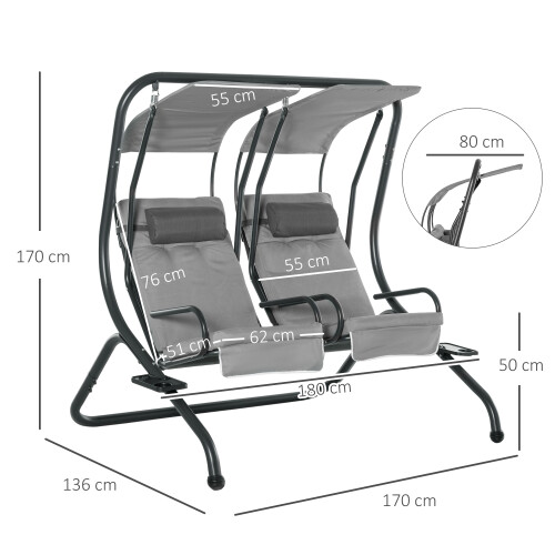 Outsunny Outsunny Canopy Swing 2 Separate Relax Chairs w/ Removable Canopy Grey 1