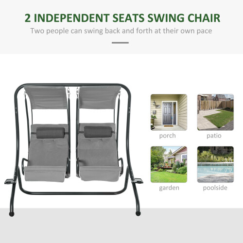 Outsunny Outsunny Canopy Swing 2 Separate Relax Chairs w/ Removable Canopy Grey 2