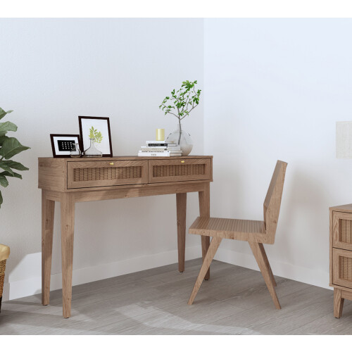 Bordeaux Rattan Dressing Table - Boho Chic with Luxe Gold Detailing