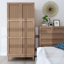 Bordeaux Rattan 2-Door Wardrobe - Boho Chic with Luxe Gold Accents