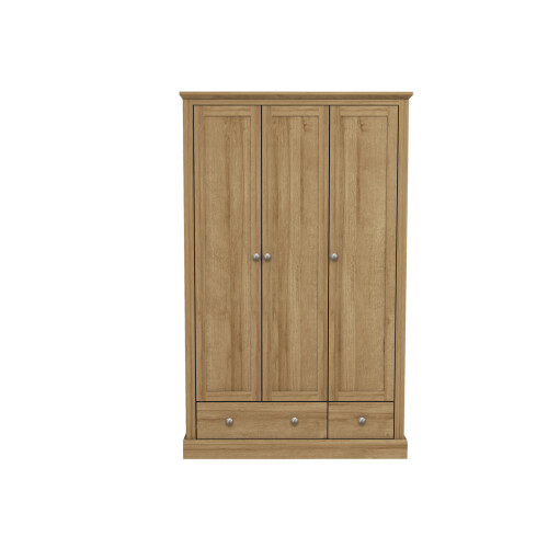 Devon Oak 3-Door 2-Drawer Wardrobe Classic Storage, Timeless Elegance