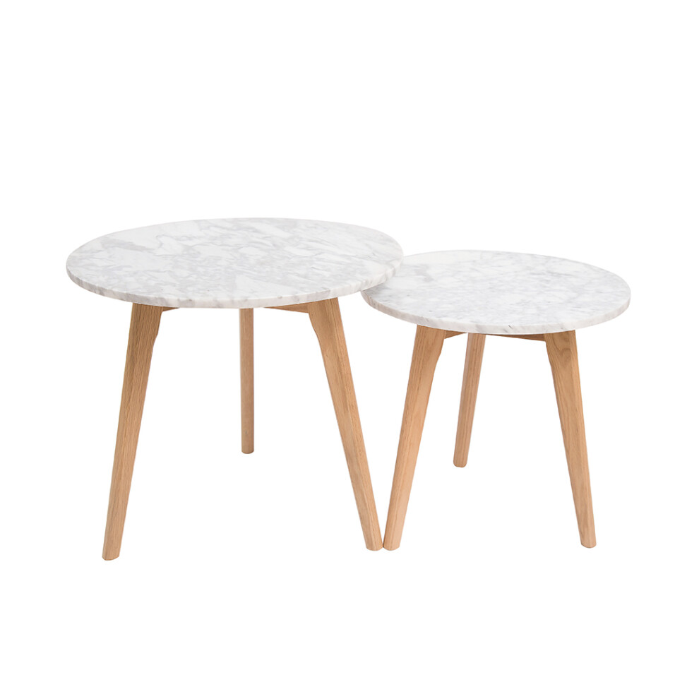 Harlow Round Nesting Tables -Elegant Oak Base & Luxe White Marble Tops