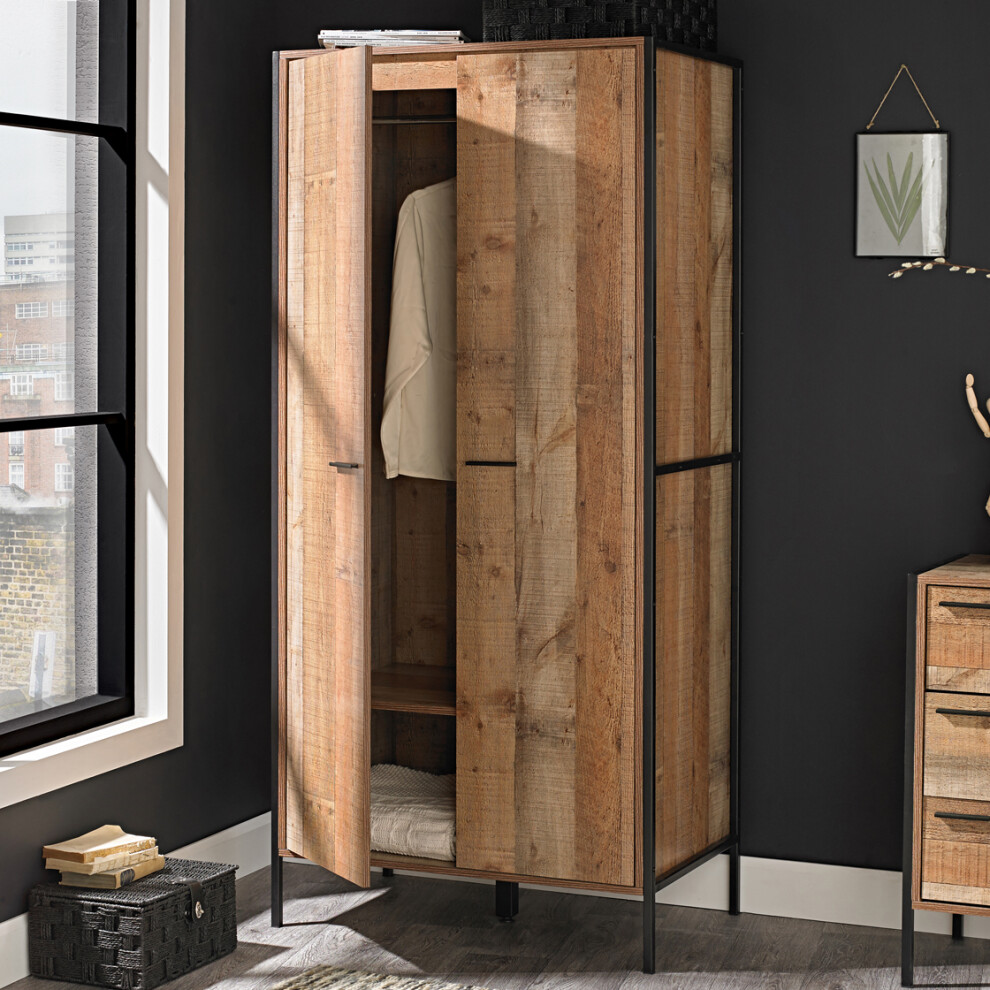 Hoxton 2-Door Wardrobe - Industrial Chic with Distressed Oak Effect