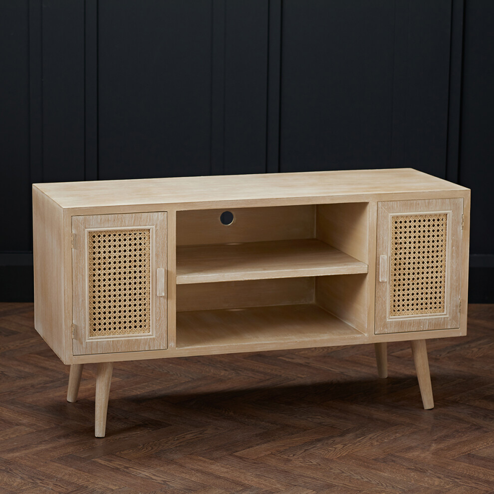 Toulouse TV Unit Light Washed Oak with Trendy Rattan Panels & Storage