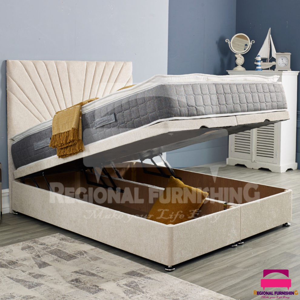 (Superking-6ft, Cream Plush) OTTOMAN DIVAN STORAGE BED END LIFT UP 54"SUNRISE HEADBOARD+POCKET MATTRESS