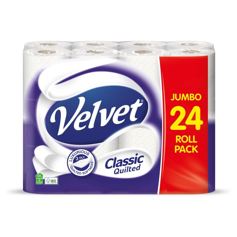 Velvet Classic Quilted Toilet Tissue 24 Rolls Luxuriously Soft Strong And Absorbent Toilet Roll Jumbo Bulk Pack 24 Rolls 3-Ply White