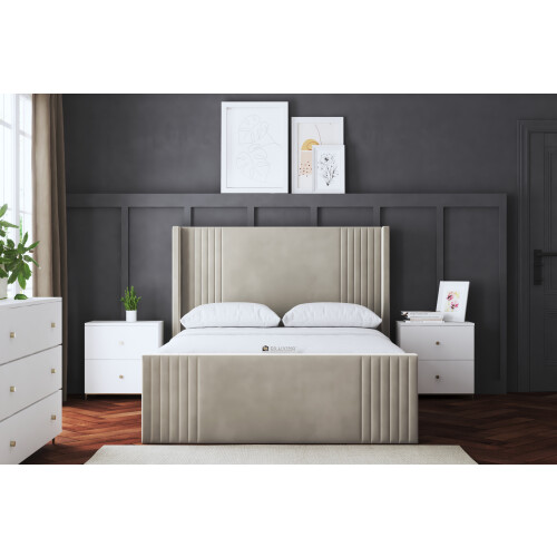 DS Living (Small Single, Cream) Elara Winged Paneled Upholstered Bed with Ottoman