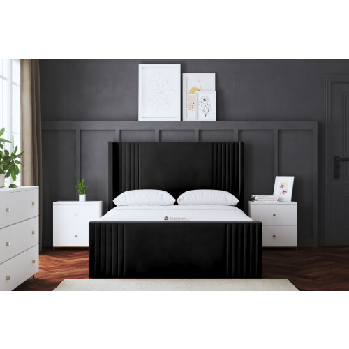 DS Living (Small Single, Black) Elara Winged Paneled Upholstered Bed with Ottoman 2