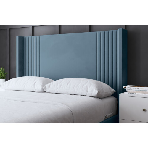 DS Living (Small Double, Blue) Elara Winged Paneled Upholstered Bed with Ottoman