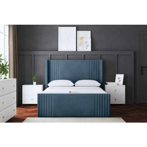 DS Living (King, Blue) Elara Winged Paneled Upholstered Bed with Ottoman 2