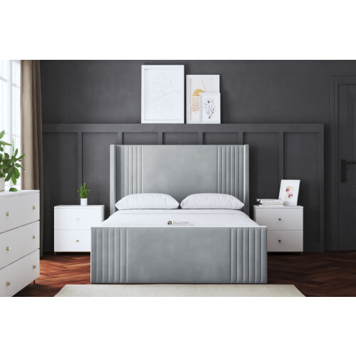 DS Living (Super King, Silver) Elara Winged Paneled Upholstered Bed with Ottoman 2