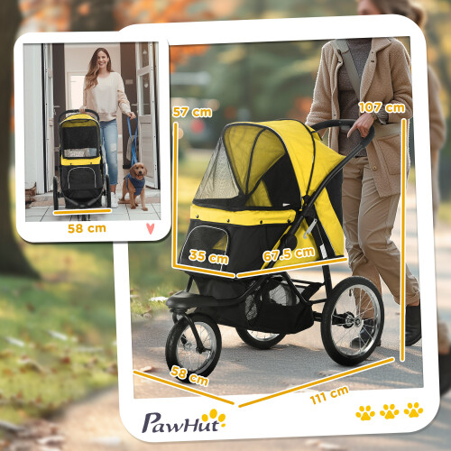 PawHut PawHut 3 Wheel Pet Stroller, for Medium Small Dogs, Foldable Cat Pram - Yellow 2