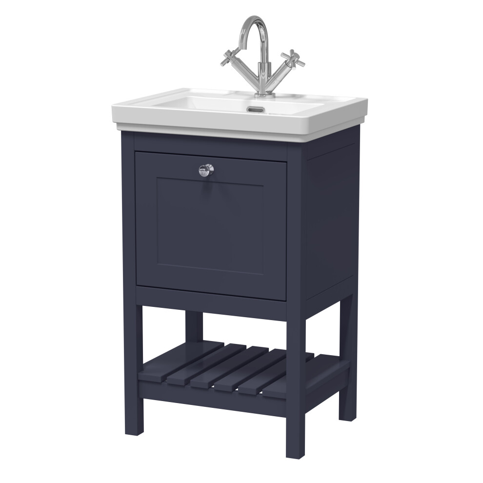 Traditional Furniture Floor Standing 1 Drawer Vanity & 1 Tap Hole Fireclay Basin, 500mm, Indigo Blue