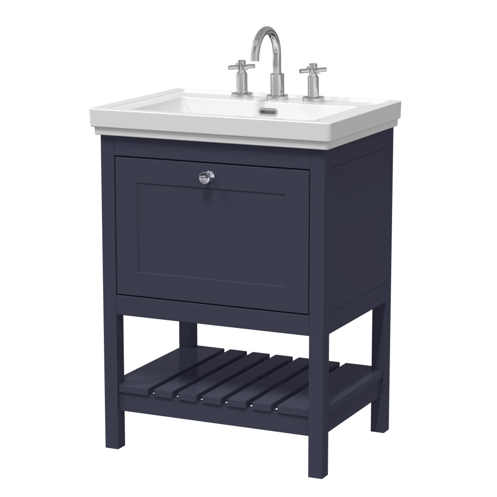 Traditional Furniture Floor Standing 1 Drawer Vanity & 3 Tap Hole Fireclay Basin, 600mm, Indigo Blue