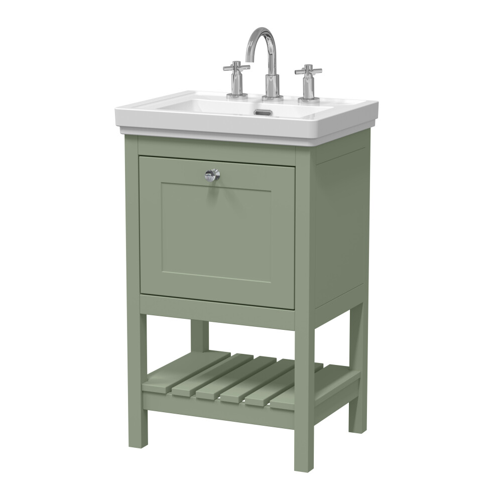 Traditional Furniture Floor Standing 1 Drawer Vanity & 3 Tap Hole Fireclay Basin, 500mm, Fern Green