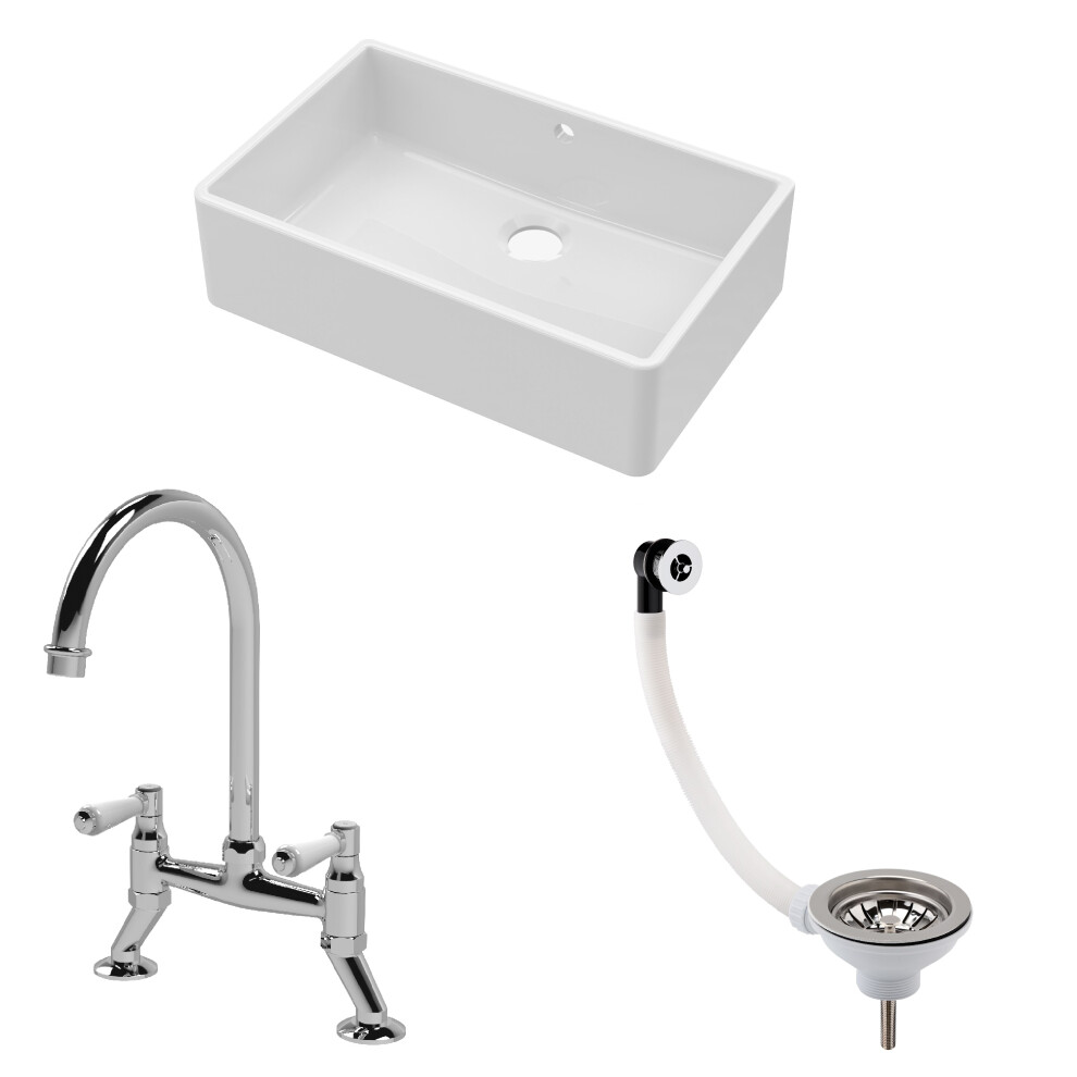 Fireclay Kitchen Bundle - Single Bowl Butler Sink with Overflow, Waste & Bridge Mixer Tap, 595mm - Chrome - Balterley