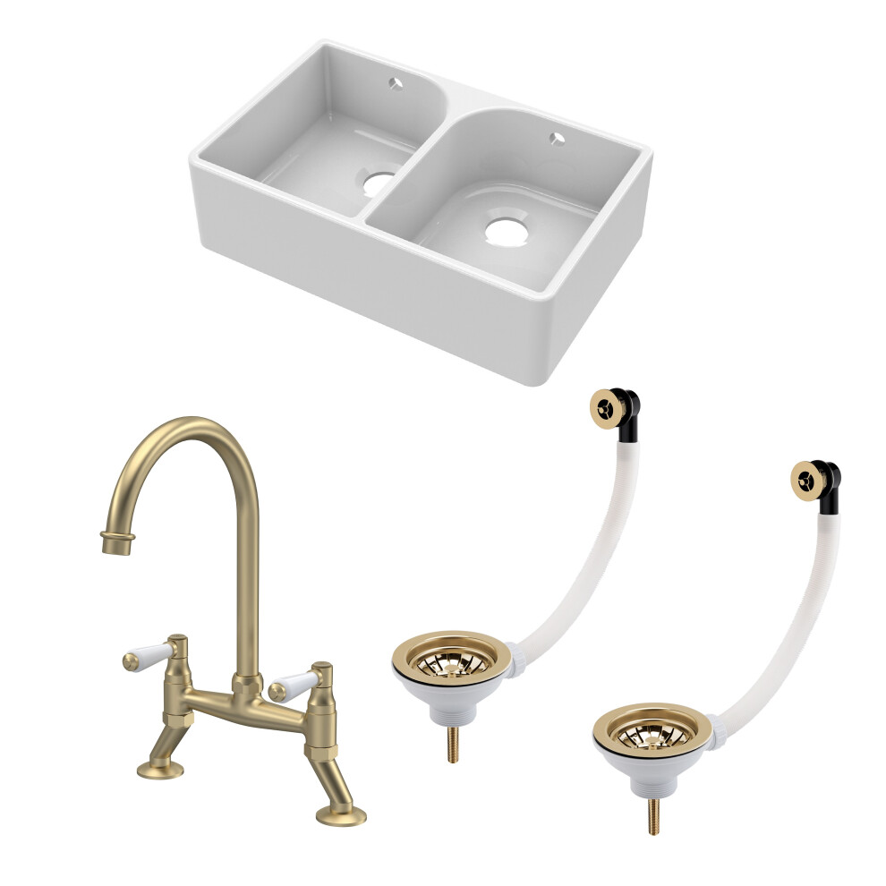 Fireclay Kitchen Bundle - Double Bowl Full Weir Butler Sink, Wastes & Bridge Lever Tap, 795mm - Brushed Brass - Balterley