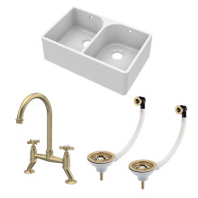 Fireclay Kitchen Bundle - Double Bowl Full Weir Butler Sink, Wastes & Bridge Crosshead Tap, 795mm - Brushed Brass - Balterley