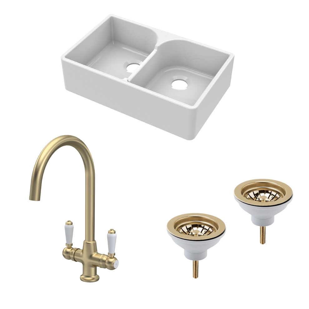 Fireclay Kitchen Bundle - Double Bowl Stepped Weir Butler Sink, Wastes & Mono Lever Tap, 795mm - Brushed Brass - Balterley