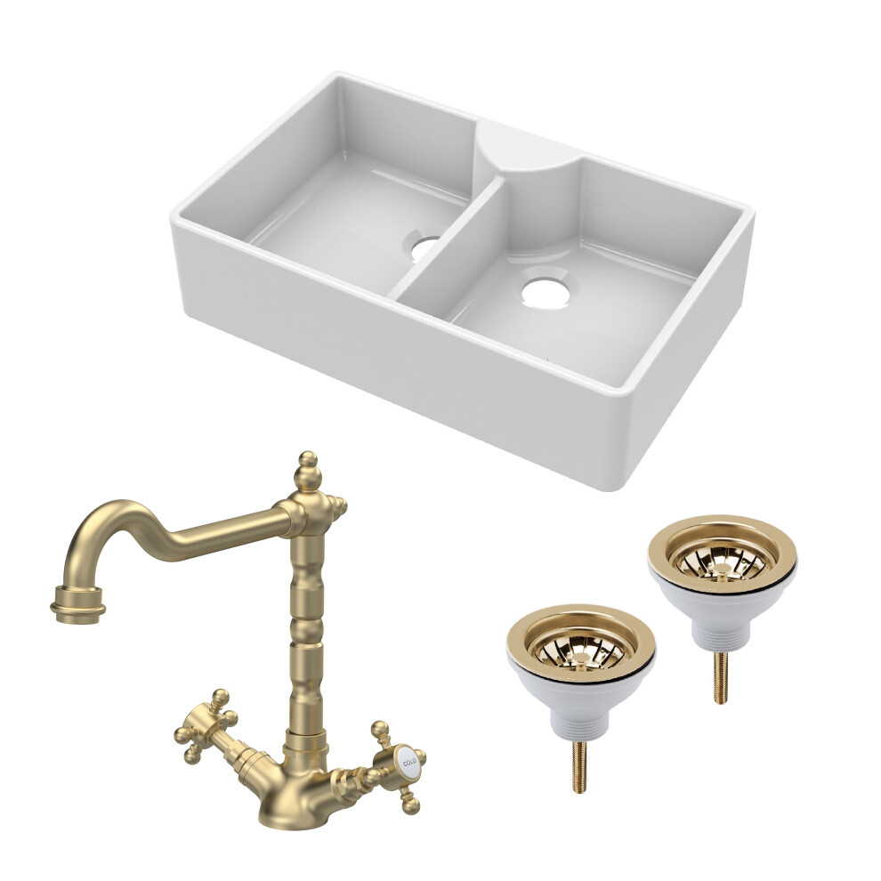 Fireclay Kitchen Bundle - Double Bowl Butler Sink, 2 x Wastes & French Classic Tap, 895mm - Brushed Brass - Balterley
