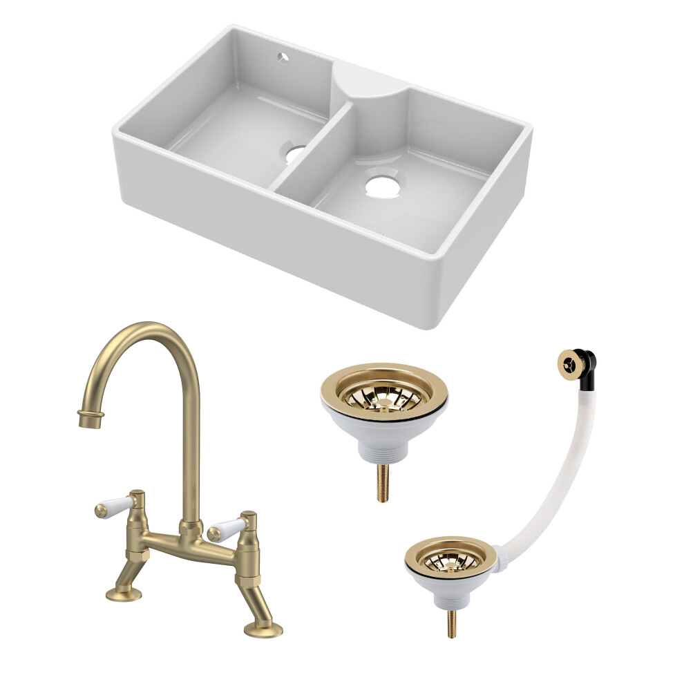 Fireclay Kitchen Bundle - Double Bowl Stepped Weir Butler Sink, Wastes & Bridge Lever Tap, 895mm, Brushed Brass - Balterley