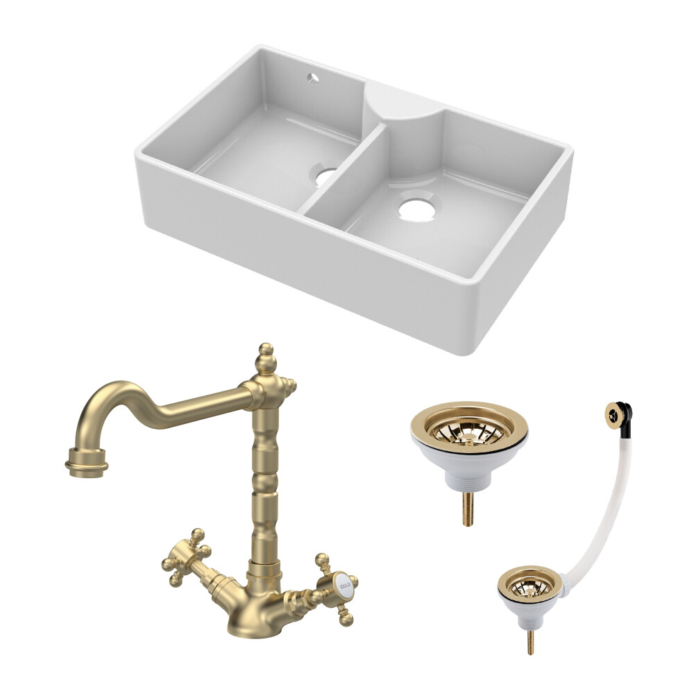 Fireclay Kitchen Bundle - Double Bowl Stepped Weir Butler Sink, Wastes & French Classic Tap, 895mm - Brushed Brass - Balterley