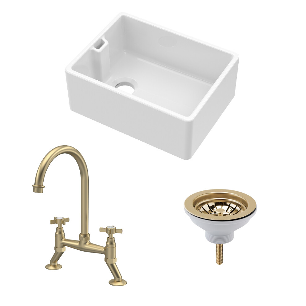 Fireclay Kitchen Bundle - Single Bowl Belfast Sink, Strainer Waste & Bridge Crosshead Tap, 595mm - Brushed Brass - Balterley