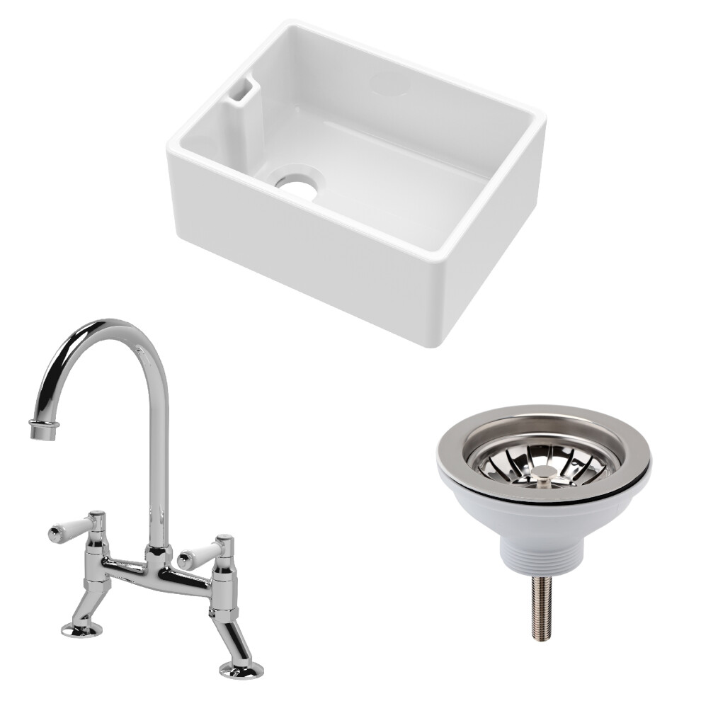 Fireclay Kitchen Bundle - Single Bowl Belfast Sink, Strainer Waste & Bridge Mixer Tap, 595mm - Chrome - Balterley
