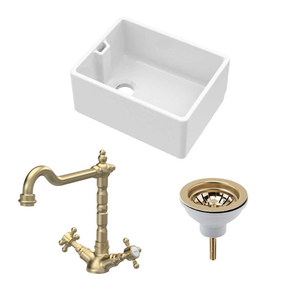 Fireclay Kitchen Bundle - Single Bowl Belfast Sink, Strainer Waste & French Classic Tap, 595mm - Brushed Brass - Balterley