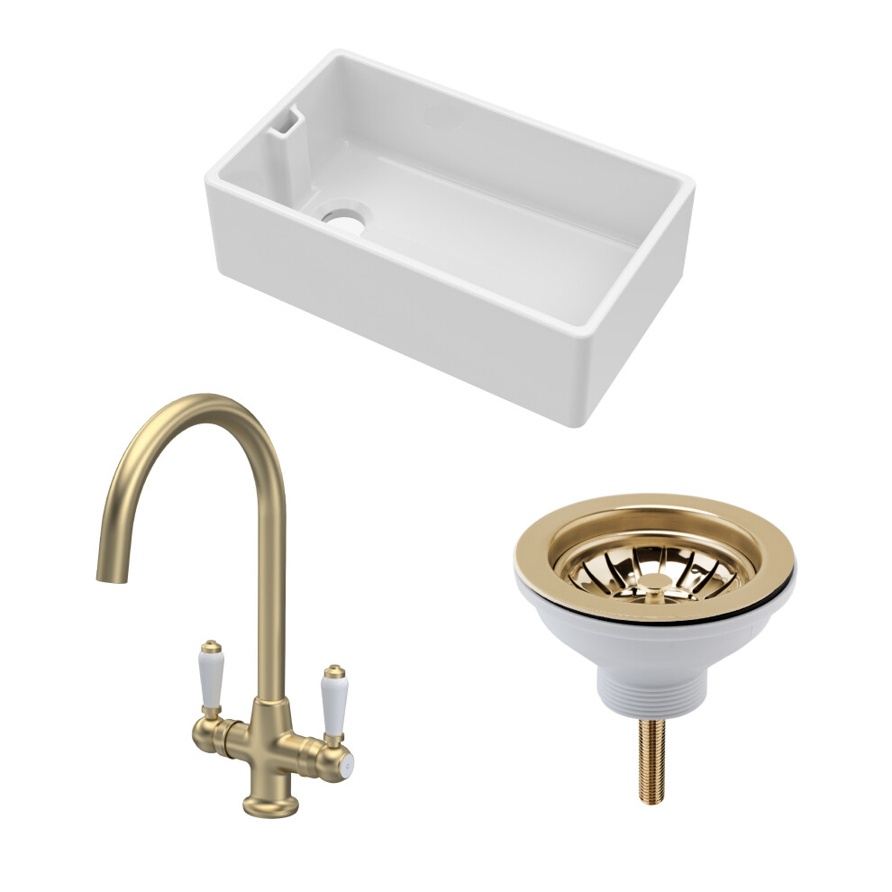 Fireclay Kitchen Bundle - Single Bowl Belfast Sink, Strainer Waste & Mono Lever Tap, 795mm - Brushed Brass - Balterley