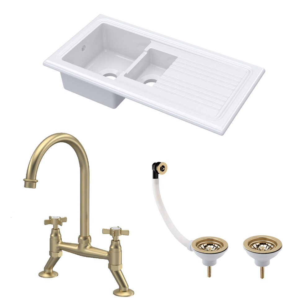 Fireclay Kitchen Bundle - 1.5 Bowl Sink & Drainer, Waste & Bridge Crosshead Tap, 1010mm - Brushed Brass - Balterley