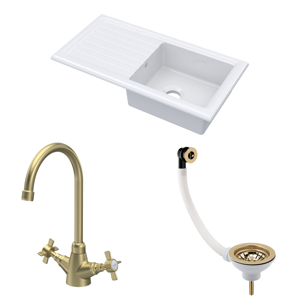 Fireclay Kitchen Bundle - Single Bowl Sink & Drainer, Waste & Mono Crosshead Tap, 1010mm - Brushed Brass - Balterley