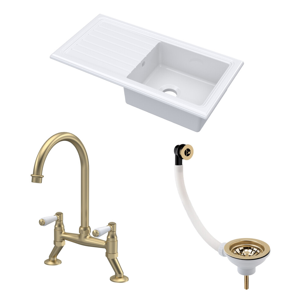Fireclay Kitchen Bundle - Single Bowl Sink & Drainer, Waste & Bridge Lever Tap, 1010mm - Brushed Brass - Balterley
