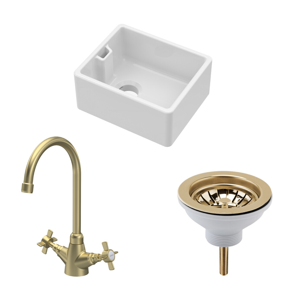 Fireclay Compact 1 Bowl Belfast Sink Waste Tap Brushed Brass 460mm