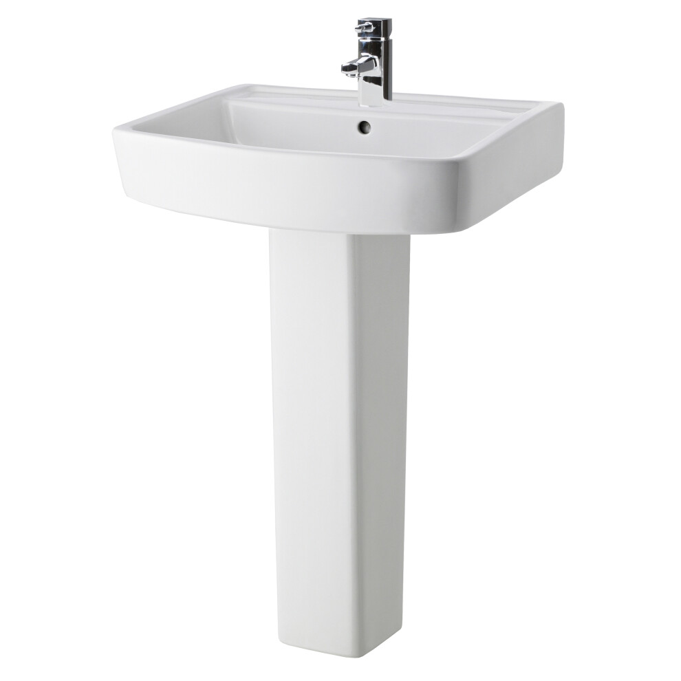 Square 1 Tap Hole Bathroom Basin Sink & Full Pedestal - 600mm