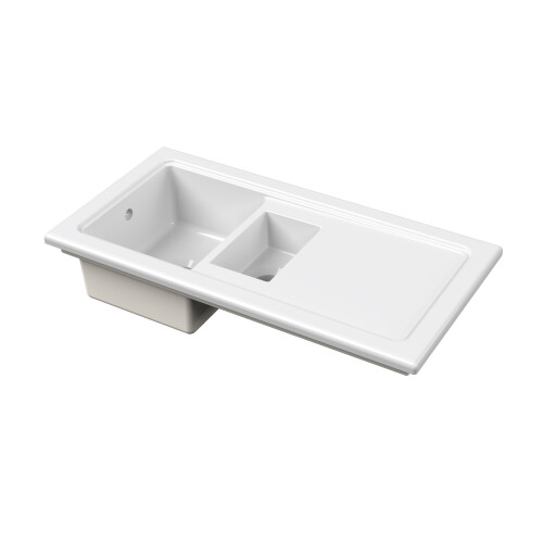 Balterley Fireclay Ceramic 1.5 Bowl Kitchen Sink & Plain Drainer - 1010mm - White 1