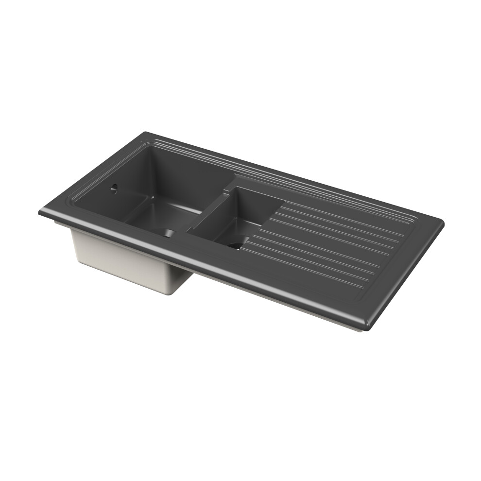 Fireclay Ceramic 1.5 Bowl Kitchen Sink & Grooved Drainer - 1010mm - Soft Black