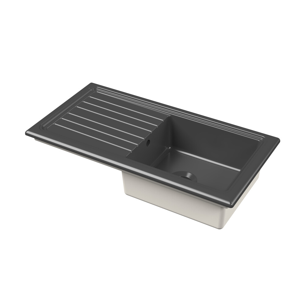Fireclay Ceramic Single Bowl Kitchen Sink & Grooved Drainer - 1010mm - Soft Black