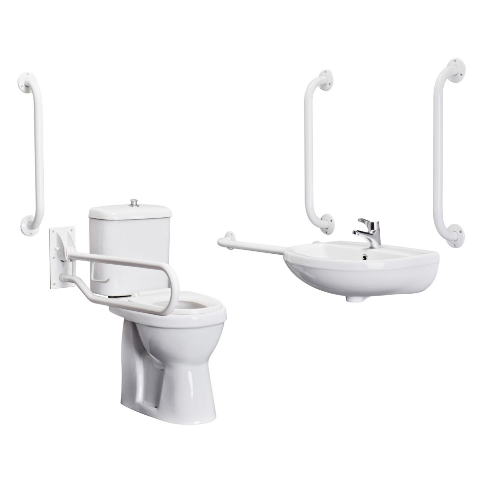 Pack - Comfort Height Pan, Cistern, Toilet Seat, Wall Mount Basin, Tap, 5 Grab Rails & Drop Down Rail - White