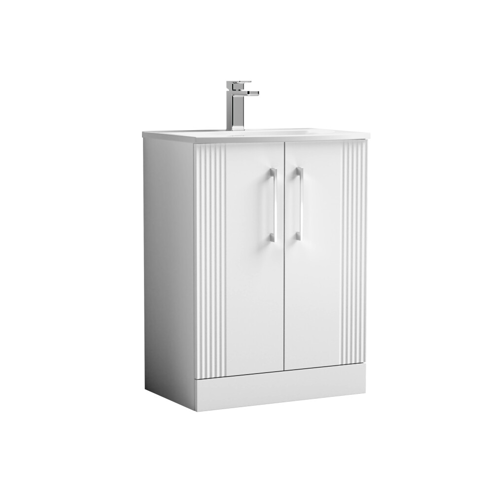 Retro 2 Door Floor Standing Vanity Unit with Curved 1 Tap Hole Ceramic Basin - 600mm - Satin White - Balterley