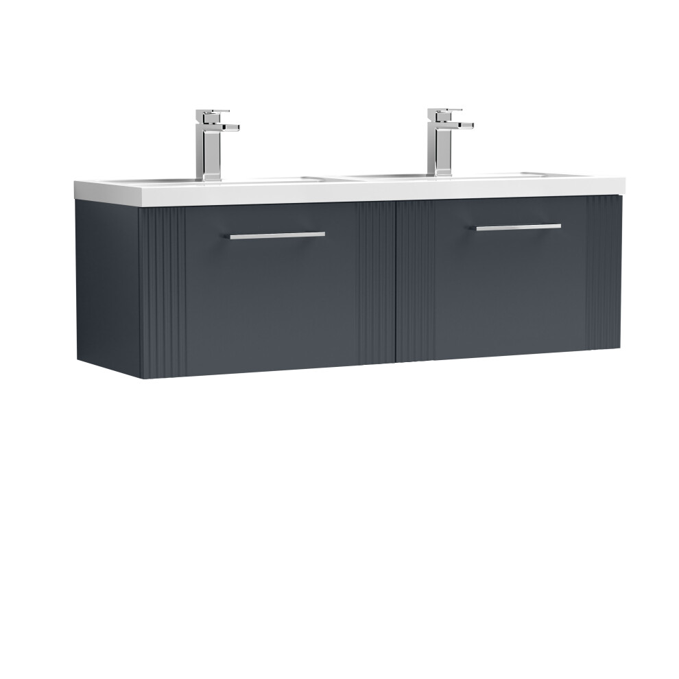 Retro 2 Drawer Wall Hung Vanity Unit with Double Polymarble Basin - 1200mm - Satin Soft Black - Balterley