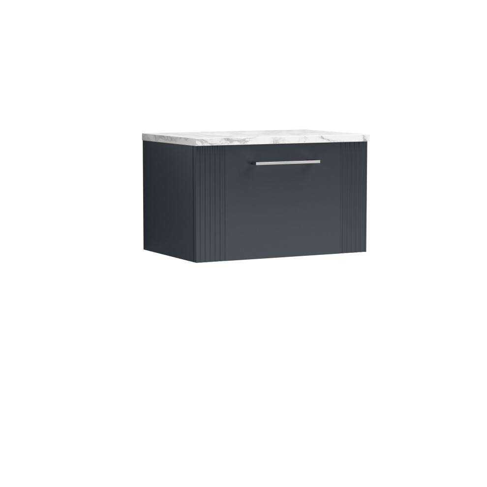 Retro 1 Drawer Wall Hung Vanity Unit with Carrera Marble Laminate Worktop - 600mm - Satin Soft Black - Balterley