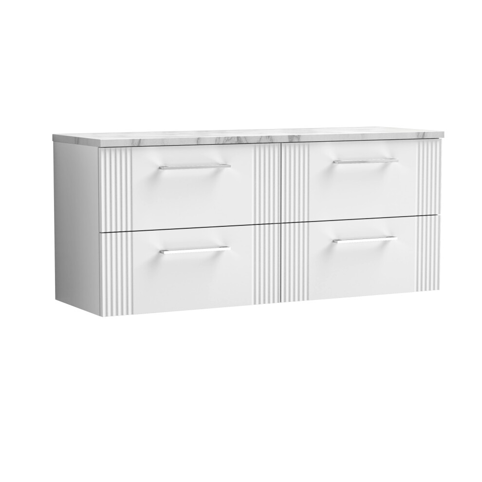 Retro 4 Drawer Wall Hung Vanity Unit with Carrera Marble Laminate Worktop - 1200mm - Satin White - Balterley