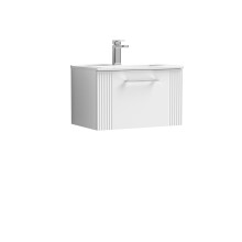 Retro 1 Drawer Wall Hung Vanity Unit with Minimalist 1 Tap Hole Ceramic Basin - 600mm - Satin White - Balterley