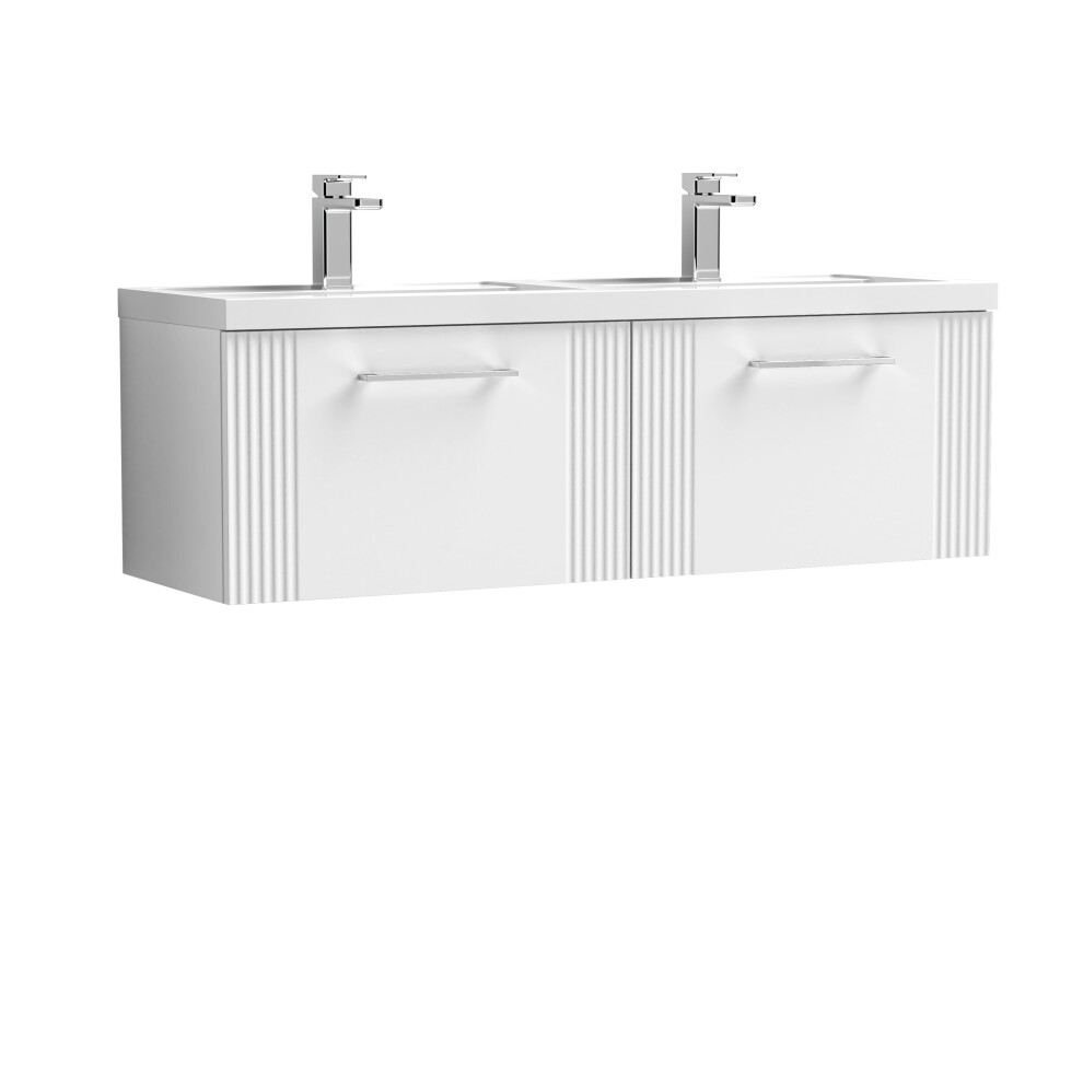 Retro 2 Drawer Wall Hung Vanity Unit with Double Polymarble Basin - 1200mm - Satin White - Balterley